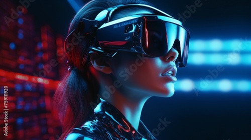 Girl dons augmented reality glasses. Gorgeous digital landscape comes alive. © IgitPro