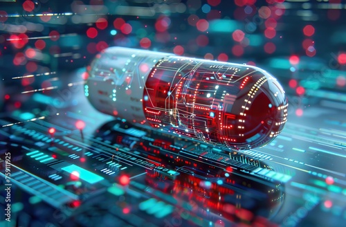 Image of dna strand and data processing over pills. Global medicine and digital interface concept digitally generated image. AI generated illustration