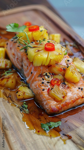Grilled salmon, pineapple, ginger, hot chili