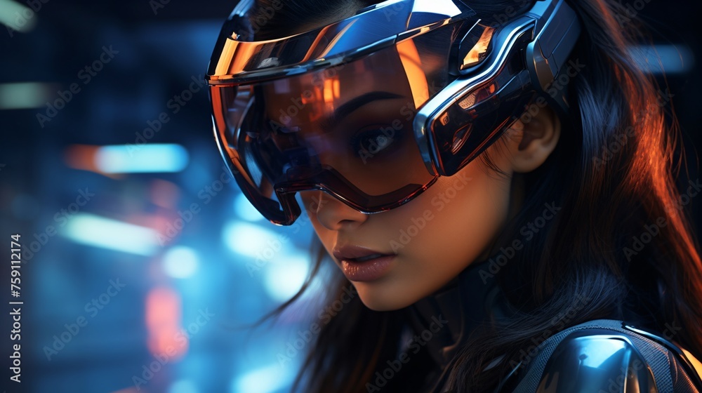 Girl experiences augmented reality. Beautiful background enhances the journey. Girl experiences augmented reality. Beautiful background enhances the journey.