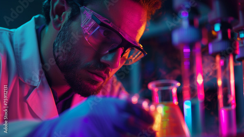 A striking photograph of a scientist examining a flask filled with a vibrant chemical solution, illuminated by soft laboratory lighting. 8K