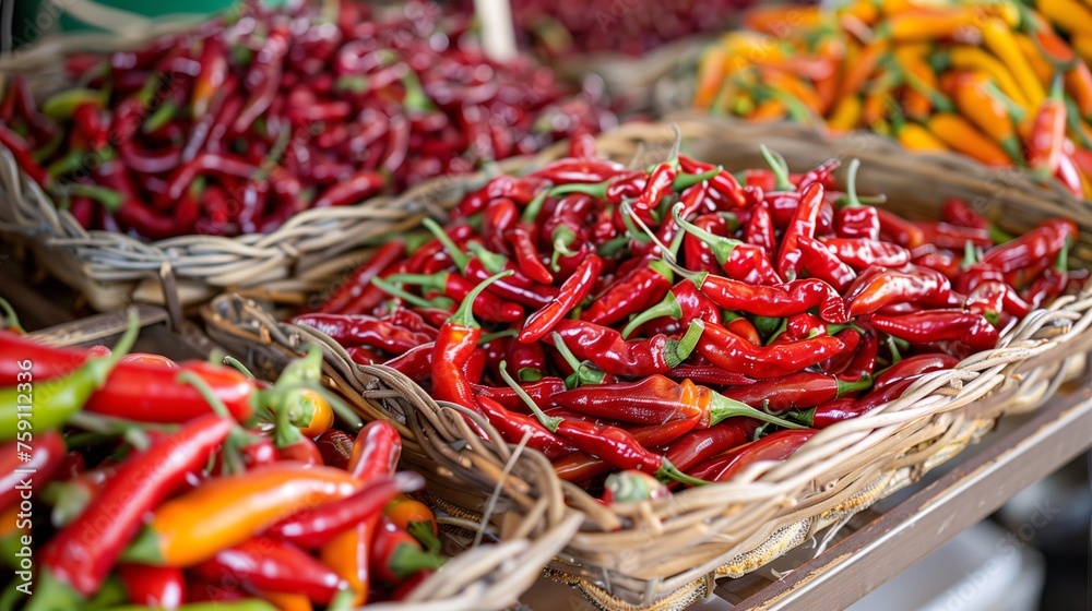 Vibrant chili peppers on display at a bustling Italian market, showcasing a variety of spices for culinary use. Vibrant chili peppers on display at a bustling Italian market, showcasing a variety of spices for culinary use.