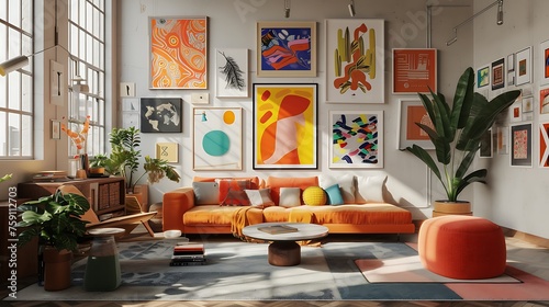 a vibrant and eclectic living room space with an AI-created gallery wall that mixes and matches colorful abstract art within unconventional mockup frames photo