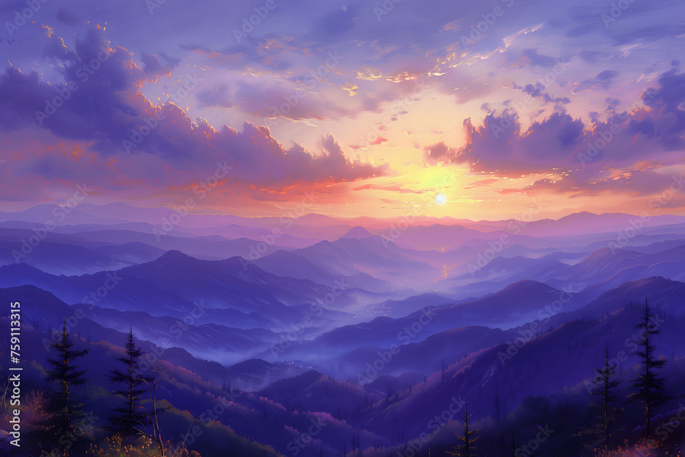 Sunset Over Mountain Range Painting Sunset Over Mountain Range Painting