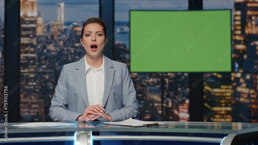 Confident anchorwoman delivering latest news at stage with mockup tv closeup - obrazy, fototapety, plakaty 