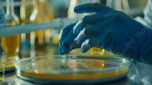 Detailed shot of a scientist's gloved hands carefully streaking bacterial samples onto agar plates, a crucial step in microbiological analysis. 8K © Sumia