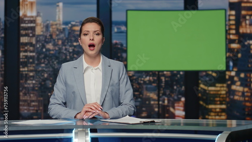 Confident anchorwoman delivering latest news at stage with mockup tv closeup