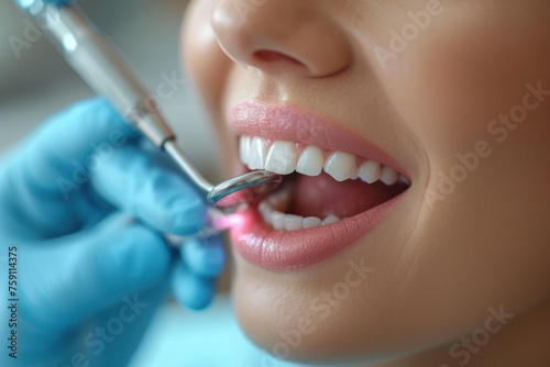 Dental hygienist using ultrasonic scaler for thorough teeth cleaning and plaque removal