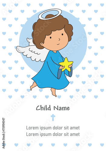 My first communion boy. Cute angel and space for text 