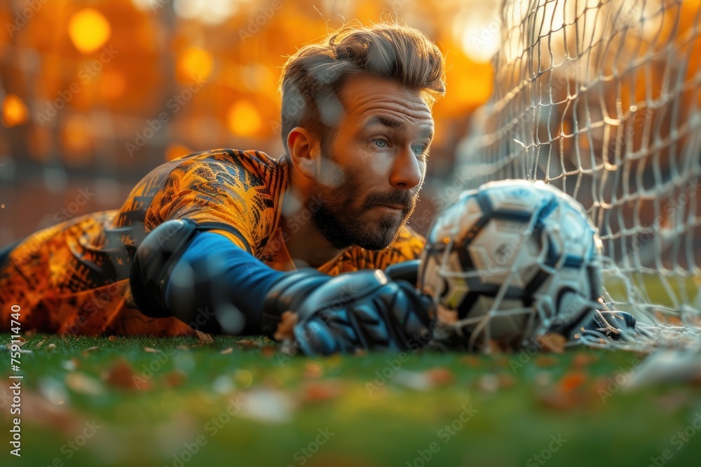 Incredible moment frozen in time as a goalkeeper makes a spectacular save during a soccer match Incredible moment frozen in time as a goalkeeper makes a spectacular save during a soccer match