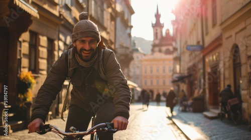 Young traveler riding a bike in street with historic buildings in the city of Prague, Czech Republic in Europe. © rabbit75_fot