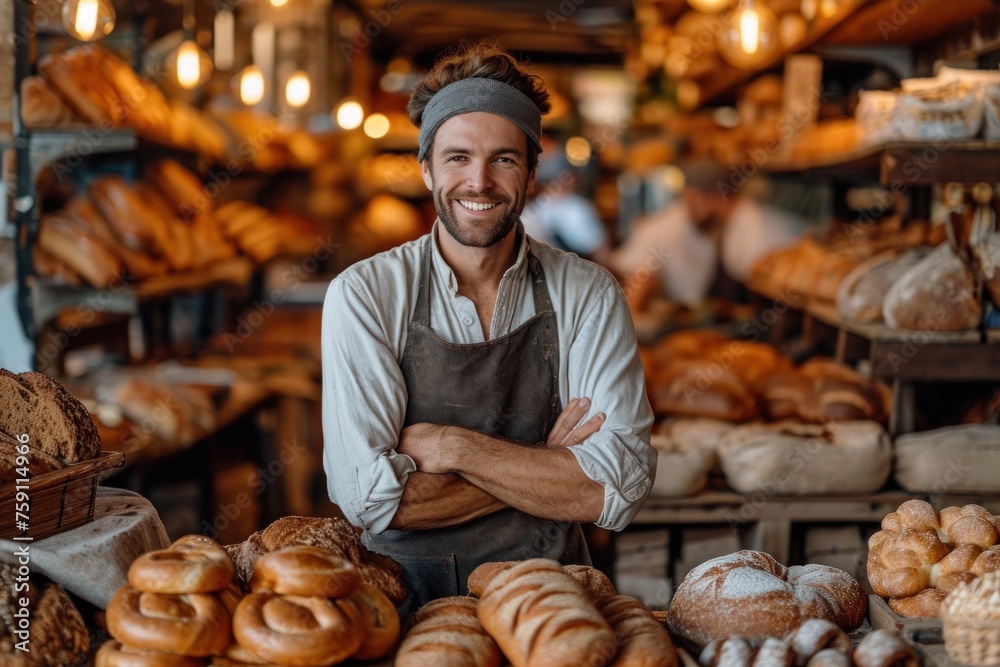 A small business owner proudly standing in front of their thriving artisan bakery A small business owner proudly standing in front of their thriving artisan bakery