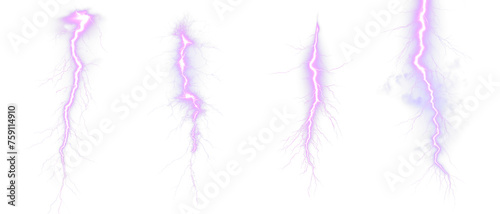 Purple Lightning bolt strike set. Isolated transparent background. Zeus, God, Jupiter, Thor, mythology concepts. Shock and energy glow. Fractal light burst flair. Fantasy glowing transparent PNG. 