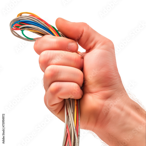 Man's hand holding wires, isolated on a white or transparent background. Hands of an electrician close-up holding a bunch of multi-colored wires. Installation and installation of electrical wiring.