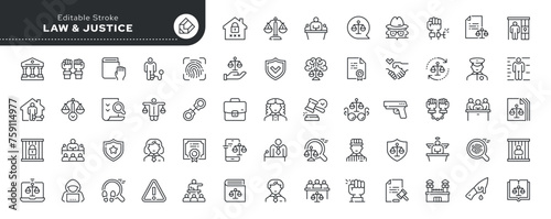 Set of line icons in linear style. Series - Law, justice and court. Arrest of the criminal, defense of the accused and verdict of punishment. Outline icon collection. Conceptual pictogram photo