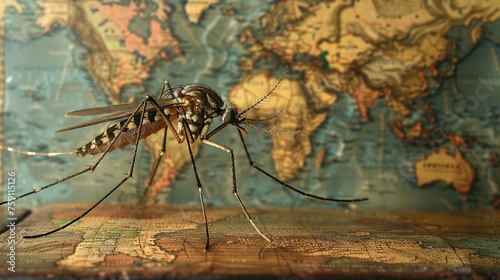 Mosquito Against a Backdrop of a World Map. Global Vector-borne Disease Concept. photo