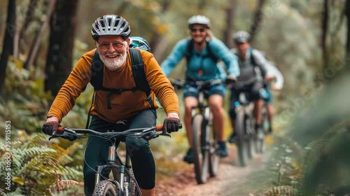 Senior couple bikers with e-bikes admiring nature outdoors in forest in autumn day.