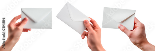 Set of hands hold a white envelope on a white or transparent background. Close-up of a hand holding a paper envelope. To be inserted into a design or project. photo