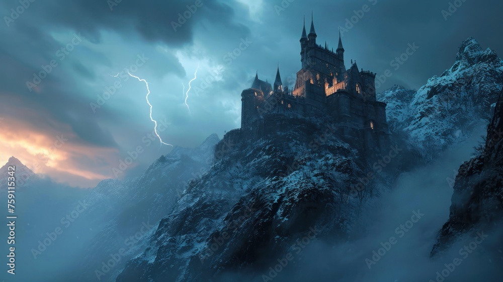 A castle on mountain top with lightning bolt and snow.