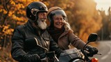 An elderly couple sits proudly on their motorcycle, ready to hit the open road, showcasing their love for adventure in their golden years