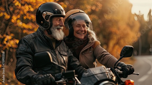 An elderly couple sits proudly on their motorcycle, ready to hit the open road, showcasing their love for adventure in their golden years