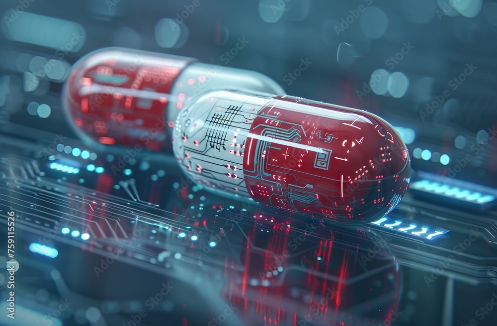 Image of dna strand and data processing over pills. Global medicine and digital interface concept digitally generated image. AI generated illustration