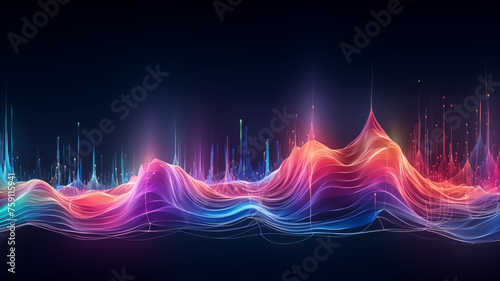 Digital artwork of a dynamic abstract sound wave visualization with vibrant colors on a dark background, representing audio and rhythm. 