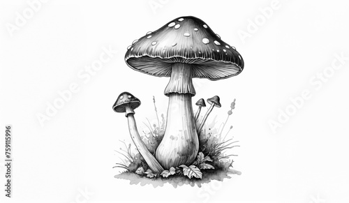 illustrazione ad inchiostro in bianco e nero di fungo su sfondo bianco