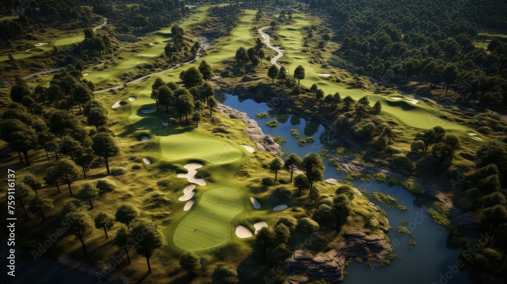 A sweeping view of lush green fairways, bunkers, and manicured greens on a sunny day