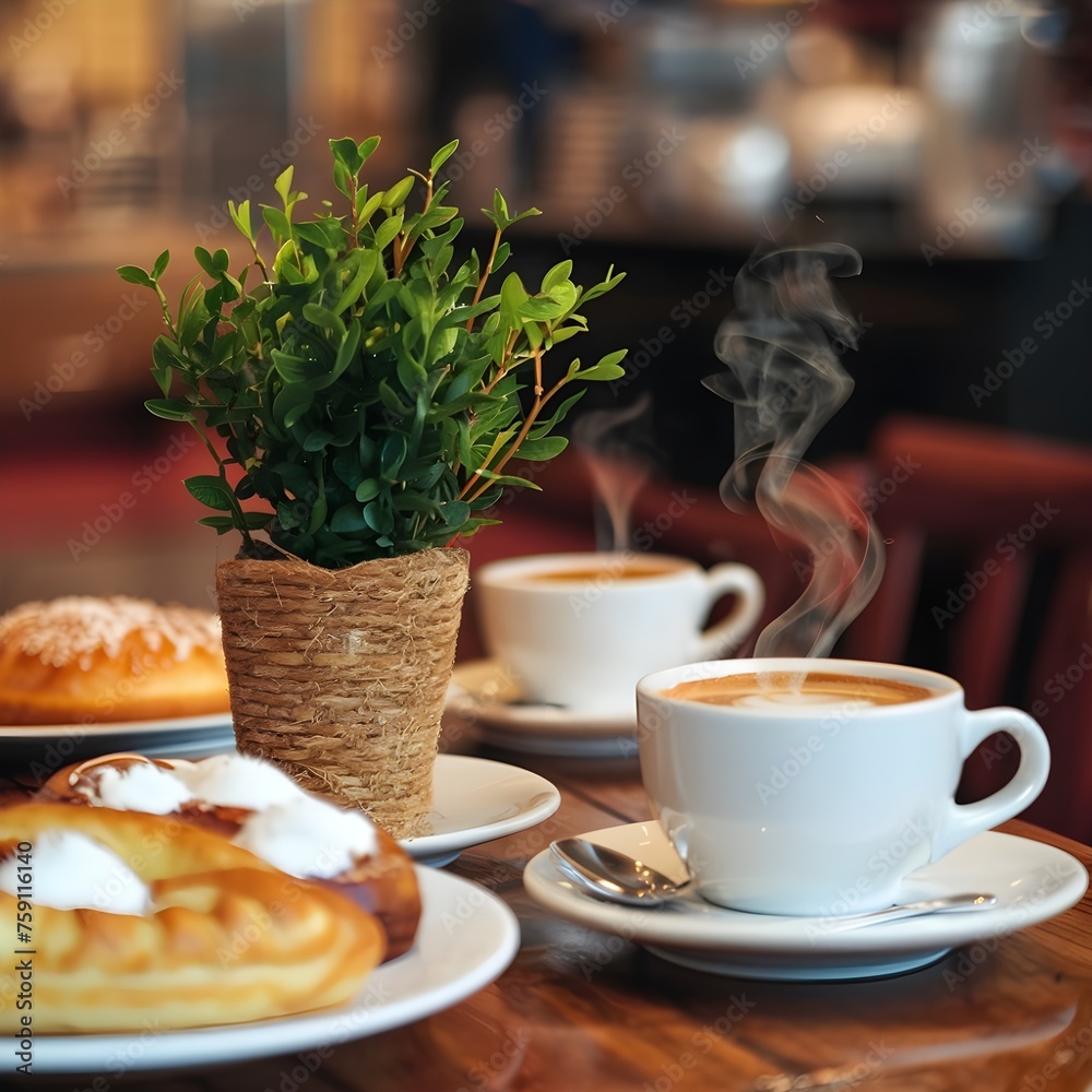view of coffee and croissants on a table in a restaurant view of coffee and croissants on a table in a restaurant