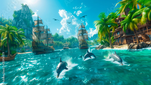 Tranquil tropical scene with dolphins jumping by old ships near palm trees and clear blue skies