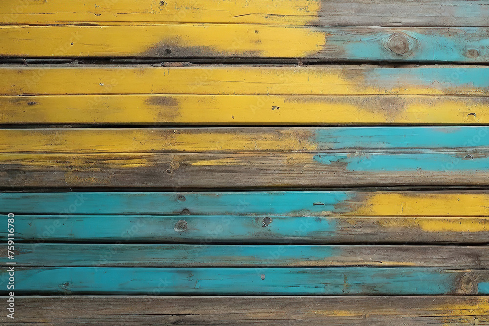 Obraz premium yellow and turquoise painted and black and brown old dirty weathered outdoor wood wall wooden plank board texture background with grains and structures
