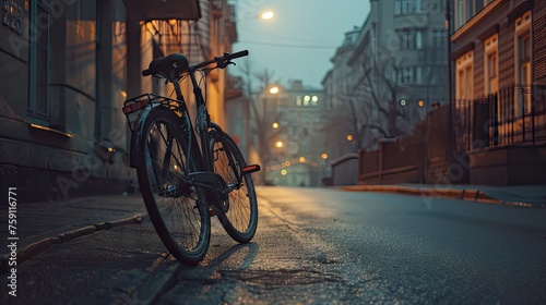 A black bike sits at the end of a quiet street, surrounded by urban stillness, evoking a sense of solitude and urban contemplation © pvl0707