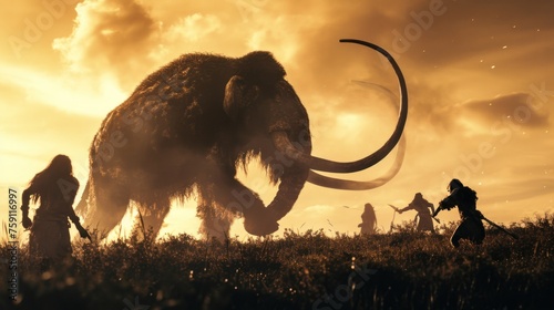 Hunting scene of a team of primitive cavemen attacking a giant mammoth in wild field. photo
