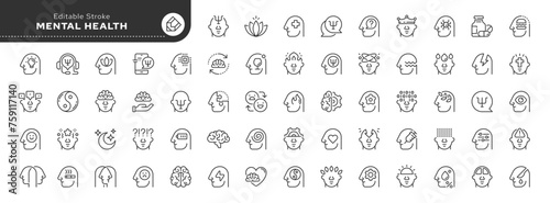 Set of line icons in linear style.Series-Mental health, psyche and psychology. Depression, panic, schizophrenia, dementia, stress, psychological disorders. Outline icon collection.Conceptual pictogram