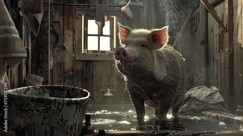 pig taking a shower on a dirty bathroom.