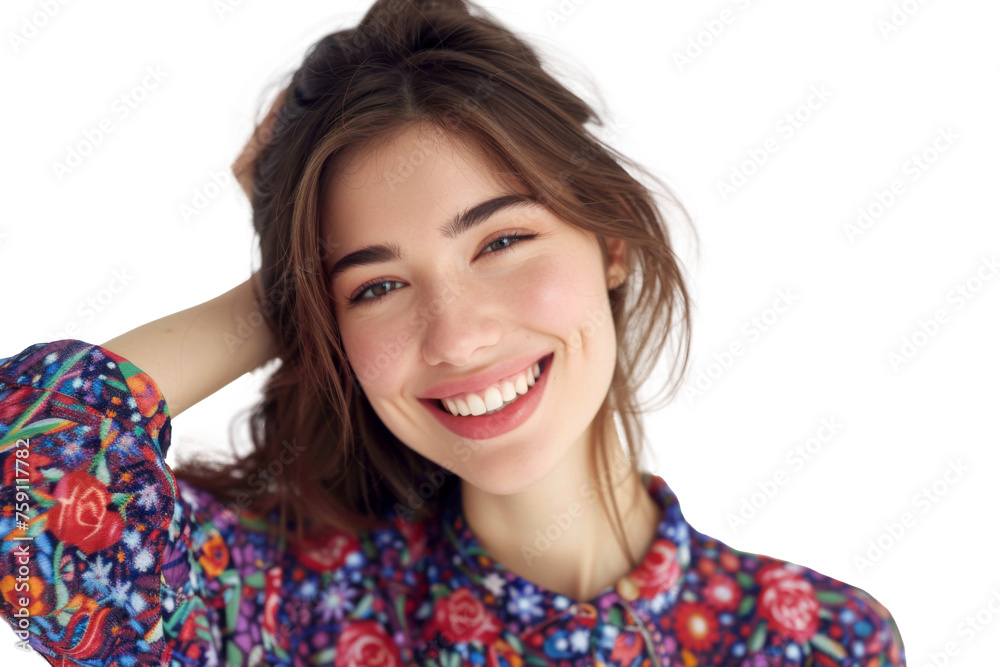 Studio portrait of a beautiful young woman with an attractive smile wearing casual outfits looking at camera, isolated on transparent png background. Studio portrait of a beautiful young woman with an attractive smile wearing casual outfits looking at camera, isolated on transparent png background.