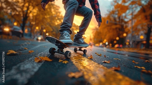 A cool boy effortlessly maneuvers his skateboard on the open highway  showcasing his skills amidst the urban landscape.