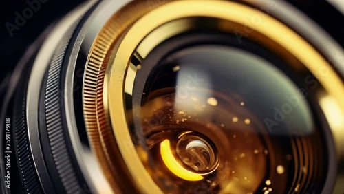 Close up of camera lens with yellow light, perfect for technology or photography concepts. photo