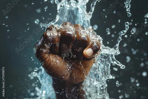 Close-up photo of black man's hand and clenched fist. A large amount of water splashes around.