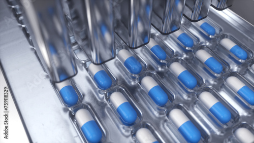 Blue capsule medicine pill production line, Industrial pharmaceutical.