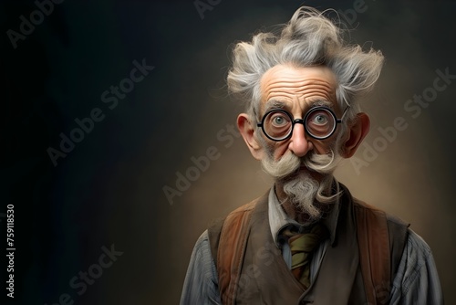 Retrato de un hombre anciano con lentes pelo canoso y barba blanca con  expresion  pensativa o seria. Personaje profesor o cientifico buscando una idea. Imagen con espacio para copiar photo