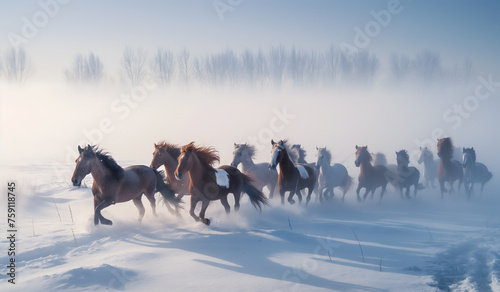 Majestic Horses Galloping in the Snow at Sunrise