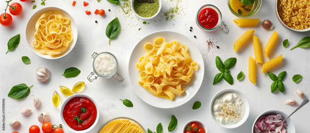 Creative Italian Cuisine Ingredients on Marble Background for Gourmet Cooking Creative Italian Cuisine Ingredients on Marble Background for Gourmet Cooking