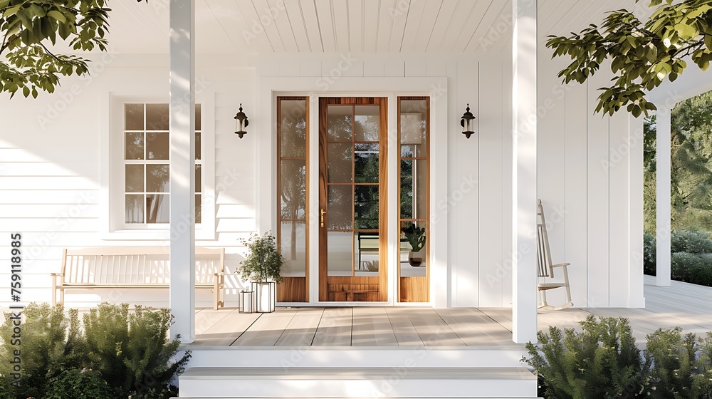 a visual representation of a white modern farmhouse entrance with a wooden door, glass window, and porch