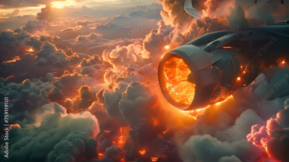 View from airplane window, engine on fire,generative ai