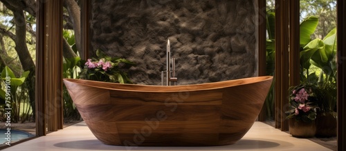 Wooden Bathtub Displayed in Pidoma Resort Bathroom