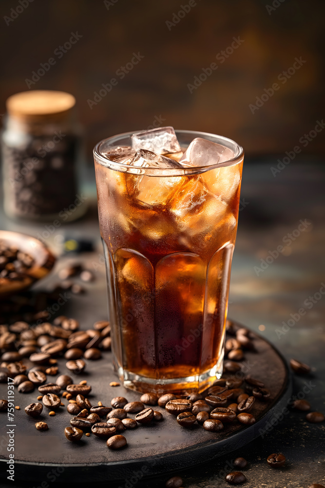 Iced Coffee in a Tall Glass Surrounded by Roasted Coffee Beans Iced Coffee in a Tall Glass Surrounded by Roasted Coffee Beans