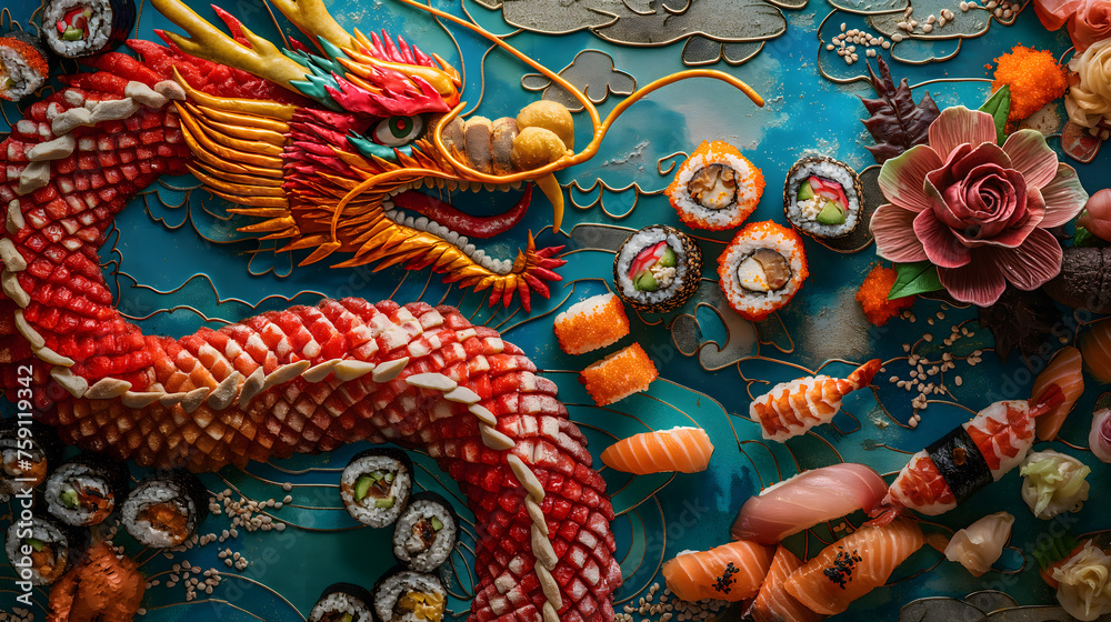 Creative Sushi Arrangement Resembling Aquatic Life and Artistry