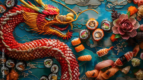 Creative Sushi Arrangement Resembling Aquatic Life and Artistry © slonme